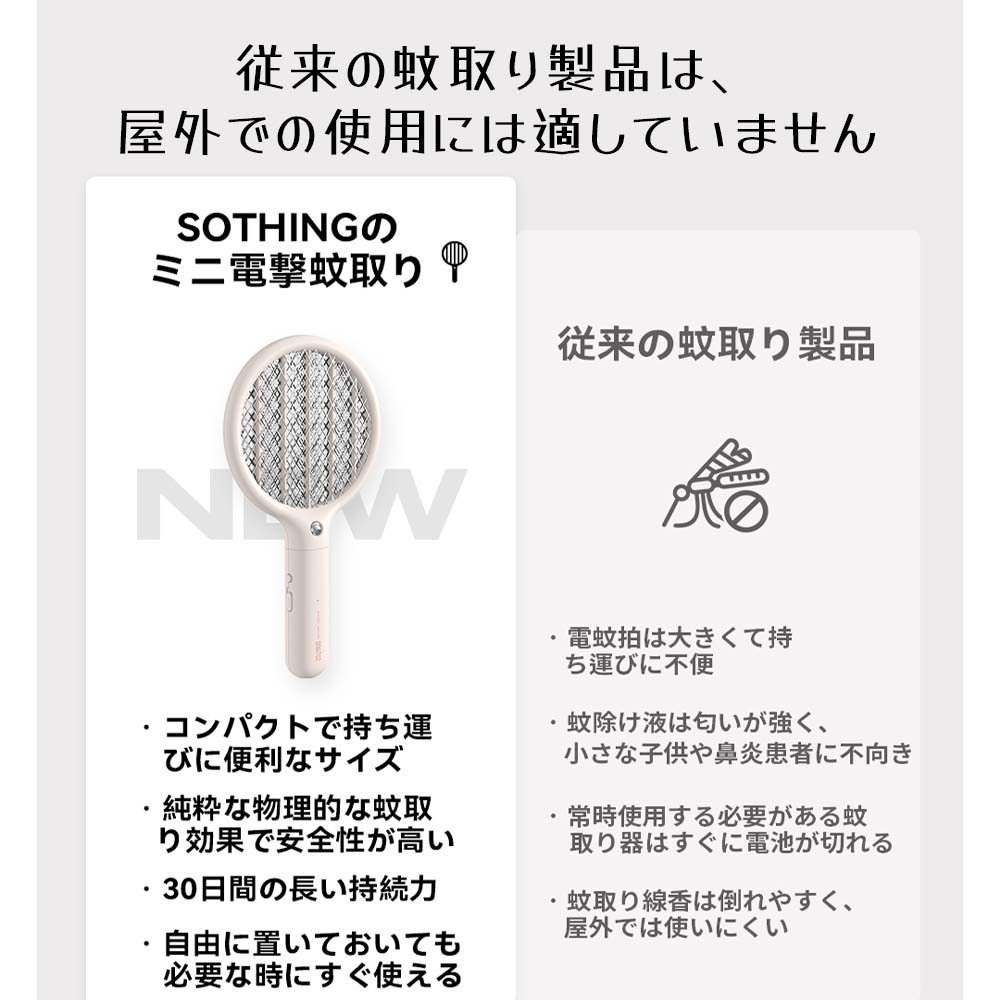 SOTHINGポータブル蚊取りラケット-mini 電撃殺虫ラケット ミニ 蚊取り 捕虫器 USB充電式 3層安全ネット DSHJ-S-1914-JP - 画像 (7)