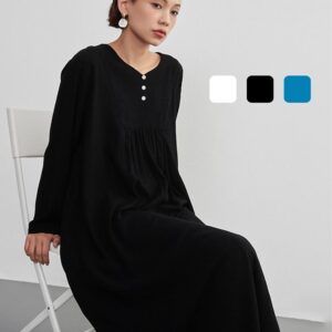 足さばきが良い・ギャザーロング丈・リネンMIX・飾りボタン・長袖ワンピース  	KNXO405