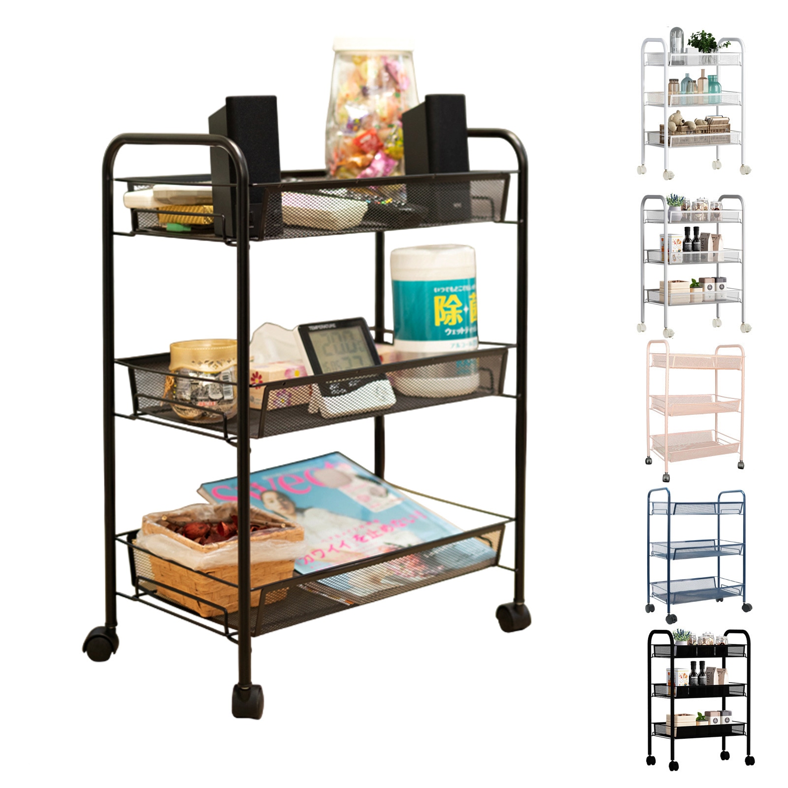キッチンワゴン 3段 収納ラック キャスター付き スチール製 メッシュ底板 取っ手付き 小物収納 組立簡単 全体耐荷重30kg キッチン収納 新生活 雑貨 ny047 - 画像 (9)