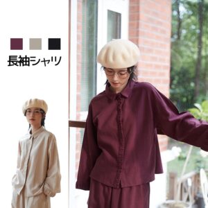 リネン綿混長袖シャツギャザーデザイン袖口前立てブラウスセットアップ商品  KNSC346