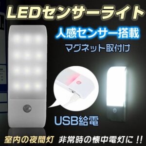 人感センサーライト 懐中電灯 夜間灯 LEDライト 高輝度 USBケーブル マグネット付き 両面テープ付き 室内 クローゼット 部屋 玄関 非常時  sl049