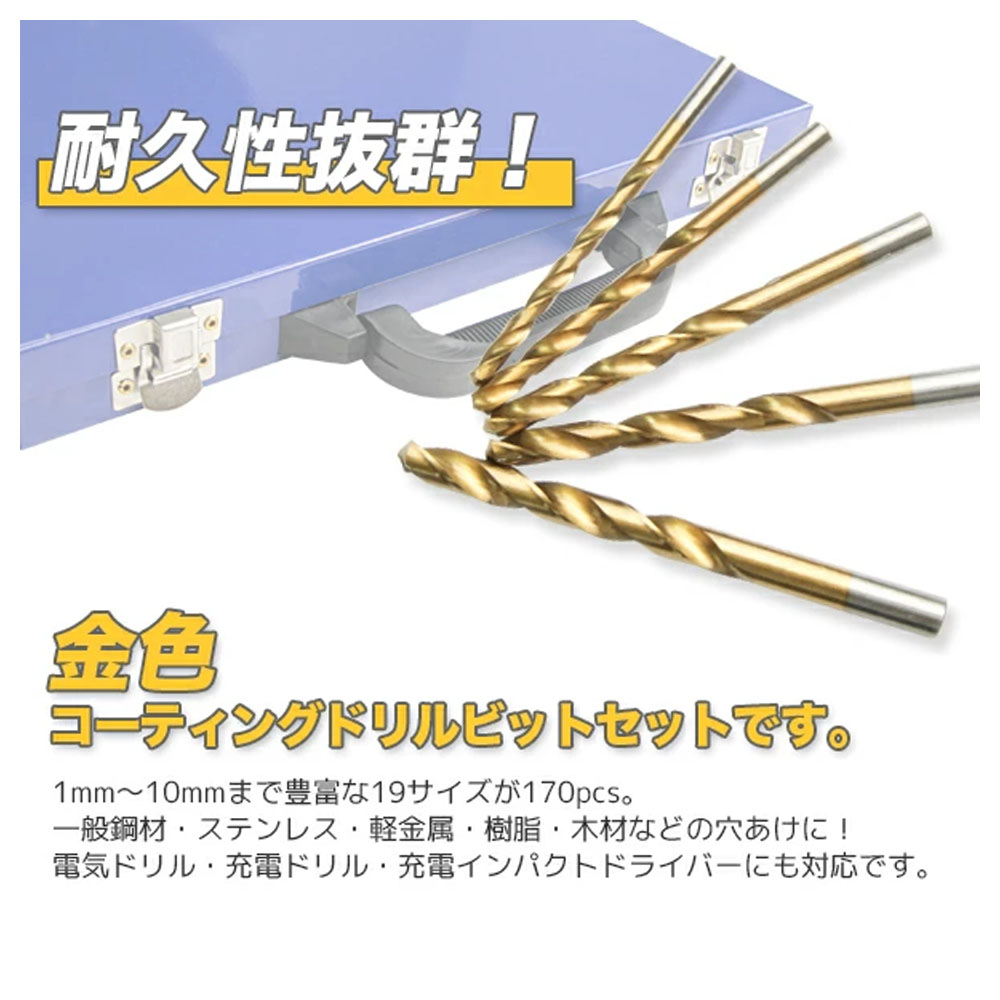 ドリルビットセット 19種 170pcs 専用ケース付き / HSS鉄 穴あけ作業 L0551300 - 画像 (2)